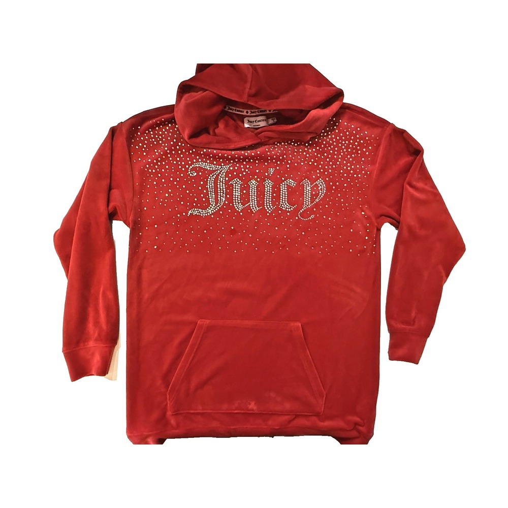 Juicy Couture Bling Y2K Hoodie Womens Medium Red VELOUR Crystal Studs Juicy